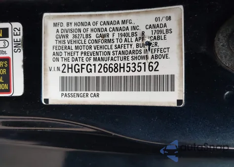 2008 Honda Civic Lx from USA, damaged, VIN 2HGFG12668H535162